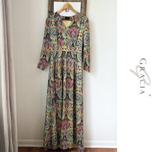 Gracia Patterned Longsleeve Colorful Surplice V-Neck  Maxi Dress